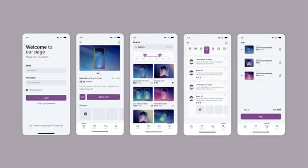 istock Smartphone UI app. Phone screens for shop application. Mobile interface with account login and shopping cart. Screenshots responsive website mockups. 2150430262
