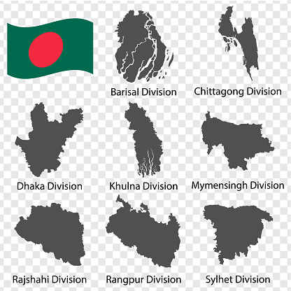Eight Maps Divisions of Bangladesh - alphabetical order with name. Every single map of Division are listed and isolated with wordings and titles. Bangladesh. EPS10.