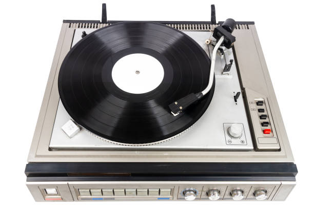 istock Vintage turntable record player with black vinyl 2150433374