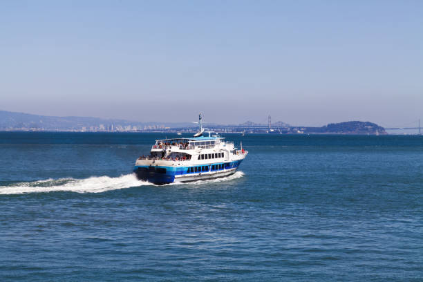 Passenger Ferry Boat On San Francisco Bay Leaving Marin With Overcast Blue Sky