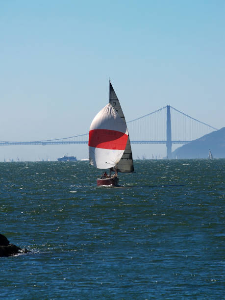 Sailboat On San Francisco Bay Under Spinnaker Sail Heading Towards Berkeley Marina With Golden Gate Bridge In Background