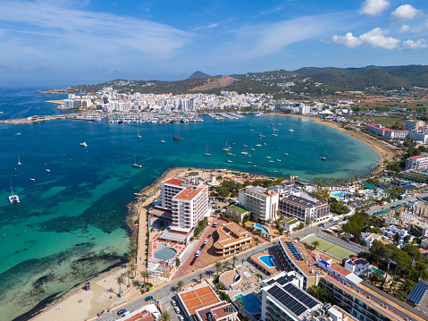 Aerial image of San Antonio Bay on the Island of Ibiza in Spain. 26th April 2024.