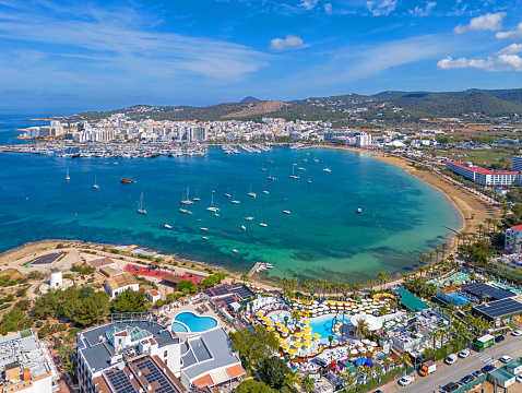 Aerial image of San Antonio Bay on the Island of Ibiza in Spain. 26th April 2024.