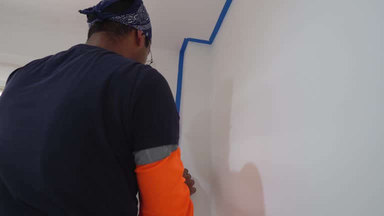 Man Uses Blue Painter's Tape For DIY Home Painting. medium shot