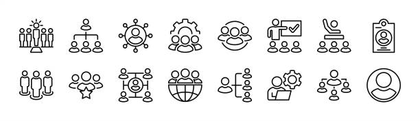 sada ikon tenké čáry lidí. obsahuje skupinu, vůdce, podnikatele, zaměstnance, lidské zdroje, týmovou práci, hierarchii, vedení kanceláře, manažera, uživatele, profil, organizaci, agenta. vektorové ilustrace - tvorba sítě kontaktů stock ilustrace