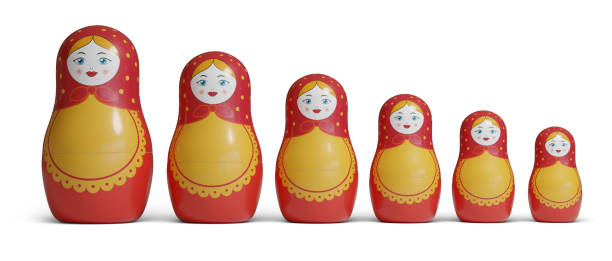 Mamushkas lined up side by side isolated on white background. 3d illustration.