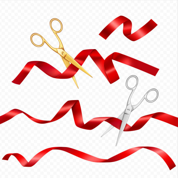 istock Realistic scissors and ribbons. Grand opening event public ceremony, metal scissors cut red silk ribbon. 2150441835