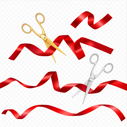 Realistic scissors and ribbons. Grand opening event public ceremony, metal scissors cut red silk ribbon. Vector illustration