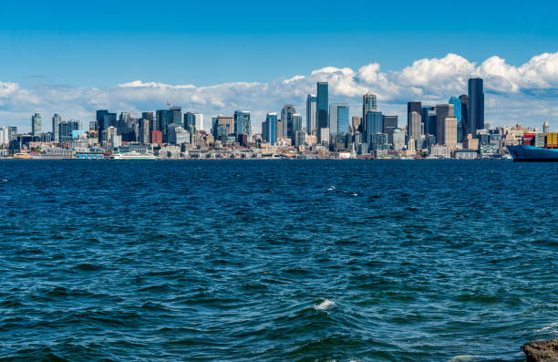 A view of the Seattle, Washington skyline with Elliott Bay in the foreground.