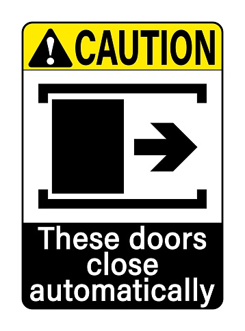 Caution these doors close automatically. Warning sign with symbol of automatic door, directional arrow and text.