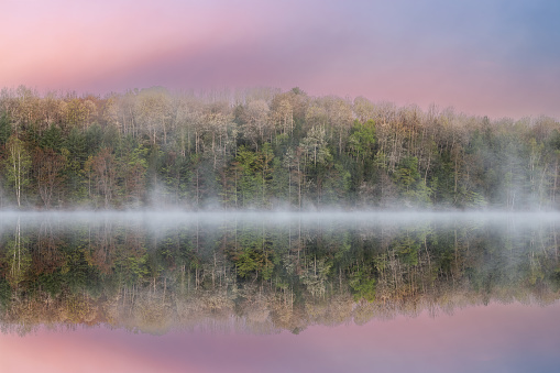 Foggy spring landscape at dawn of Moccasin Lake with mirrored reflections in calm water, Hiawatha National Forest, Michigan's Upper Peninsula, USA