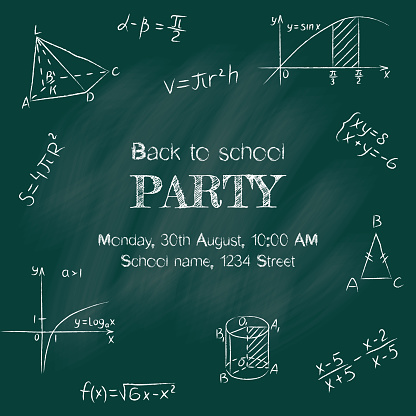 Back to school party banner. Chalk doodle math blackboard. Round design template include of handwritten mathematical figures, triangle, geometry functions, formula, calculation and equation. Vector