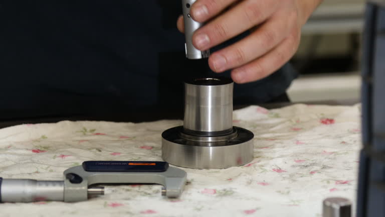 close up of technician hands measuring  a metal product with precision caliber micrometer on workshop table