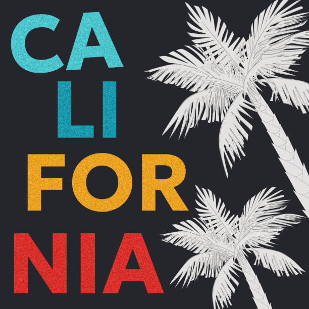 California typography print for design t-shirt with palm trees. Retro vintage California logo badges on black background. Graphic design for clothes. Vector illustration for design