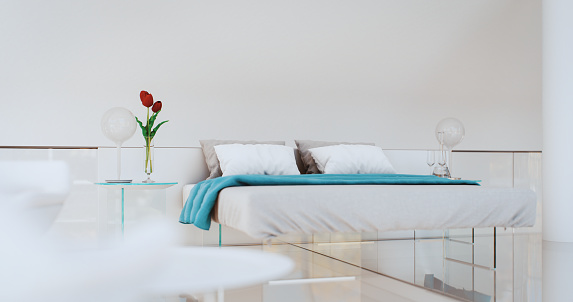 Digitally generated serene and modern owner's bedroom interior showcasing a minimalist design aesthetic. The room features a neatly made bed with white and blue bedding, crisp white pillows, and a single red flower in a clear vase on a bedside table. The clean lines and uncluttered space convey a sense of calm and simplicity.

The scene was created in Autodesk® 3ds Max 2025 with V-Ray 6 and rendered with photorealistic shaders and lighting in Chaos® Vantage with some post-production added.