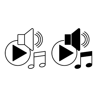 Music icons. Black and White Vector Icons of Speaker, Play Button, and Musical Note. Social Media Concept