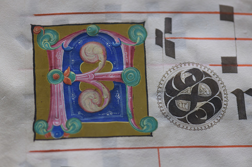 Detail with initial letter and musical notation from illuminated antiphonary manuscript from Ferarra