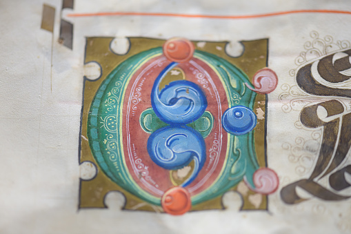 Detail with initial letter and musical notation from illuminated antiphonary manuscript from Ferarra