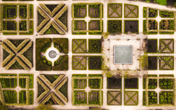 istock Aerial view directly above a formal landscaped garden 2150451700