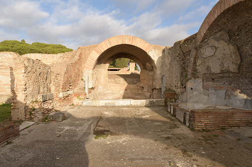 Ostia Antica. Semita dei Cippi. Ruins of ancient roman city and port. Rome, Latium, Italy