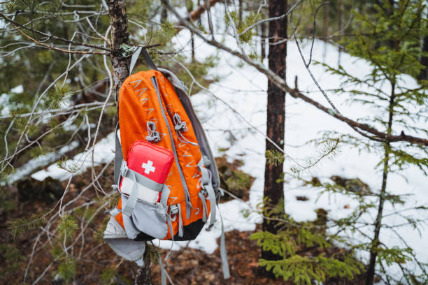 istock A backpack with a first aid kit hangs from a tree in a natural landscape 2150458047