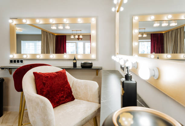 istock Chair with red pillow in room with two mirrors, interior design 2150458065