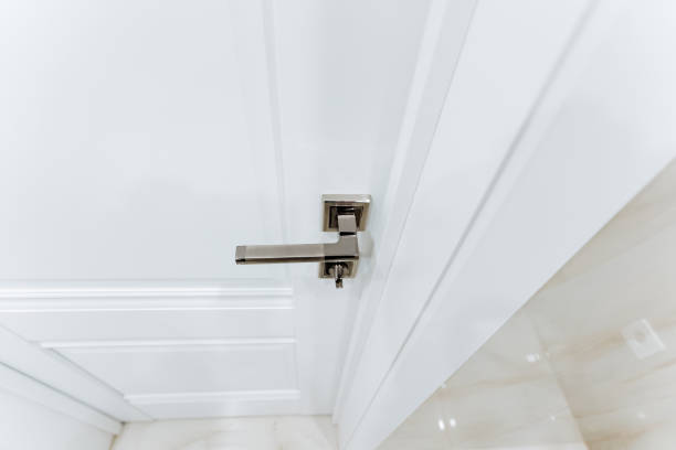 istock Door handle top view, closed door to room, chrome door handle. 2150458076