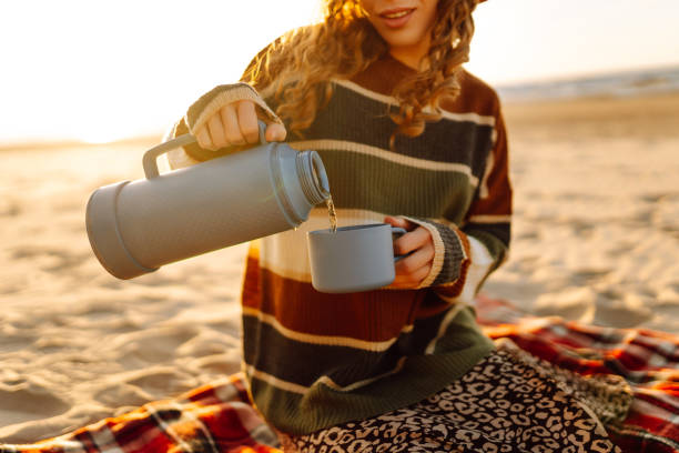 istock woman sits at picnic on the beach 2150459033
