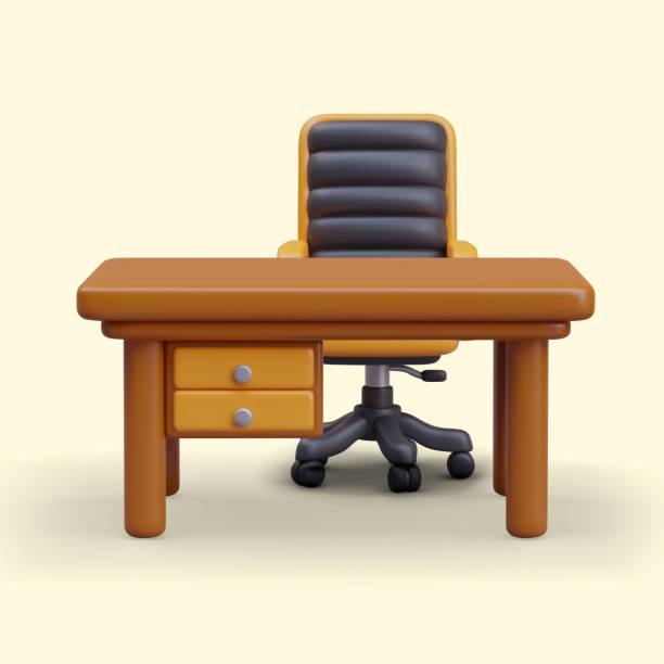 istock Empty wooden desk with drawers, ergonomic office chair 2150459165