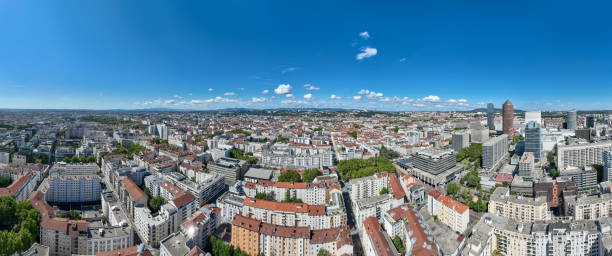 Aerial view of the business district of Lyon and the city skyline in France.