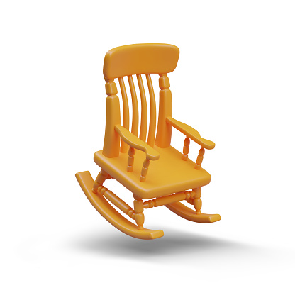 Wooden rocking chair in inclined position. Stopped motion. Realistic furniture for home comfort. Vintage vector armchair. Illustration for antique shop