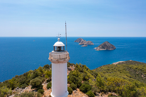Gelidonya Lighthouse at Karaoz,Turkey facing to Mediterranean sea and three Islands on Lycian Way