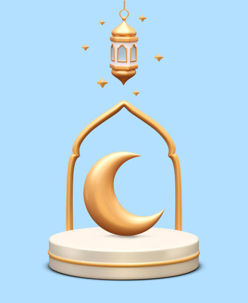istock Vertical placard with golden moon on stage. Muslim ornamental hanging golden lantern 2150462905