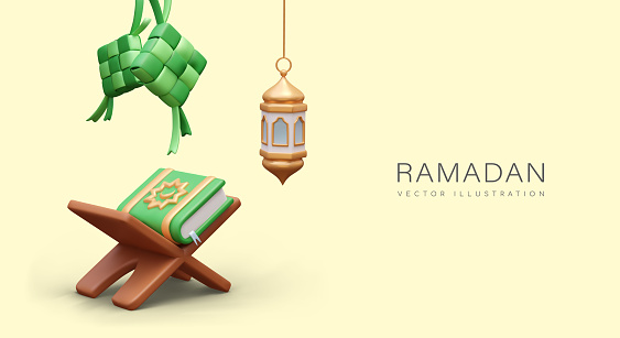 Ramadan holiday. Welcome web template with thematic decorative elements and text. Koran on wooden stand, lantern, ketupat. Concept of Arab religious holiday