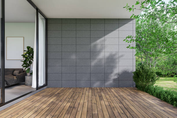 istock Modern contemporary style wooden terrace with blank concrete tile wall for copy space 3d render 2150465451