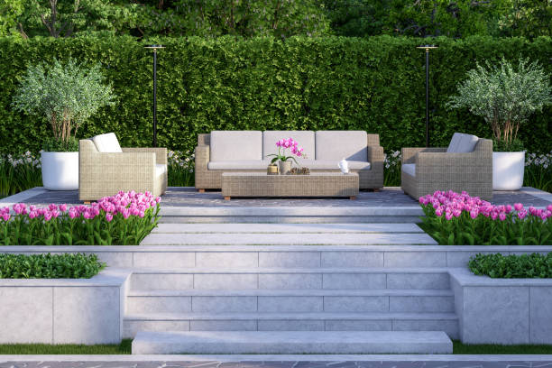 istock Modern contemporary loft style terrace with green fence wall background 3d render 2150465453
