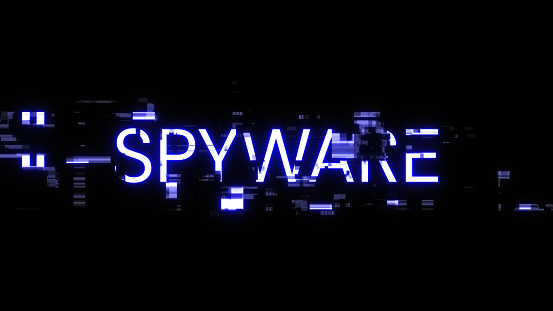 3D rendering spyware text with screen effects of technological failures. Spectacular screen glitch with various kinds of interference