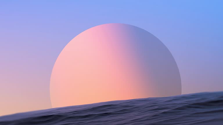 Fantastic planet on the ocean horizon. Sunset, retro, water surface, animation.3D render