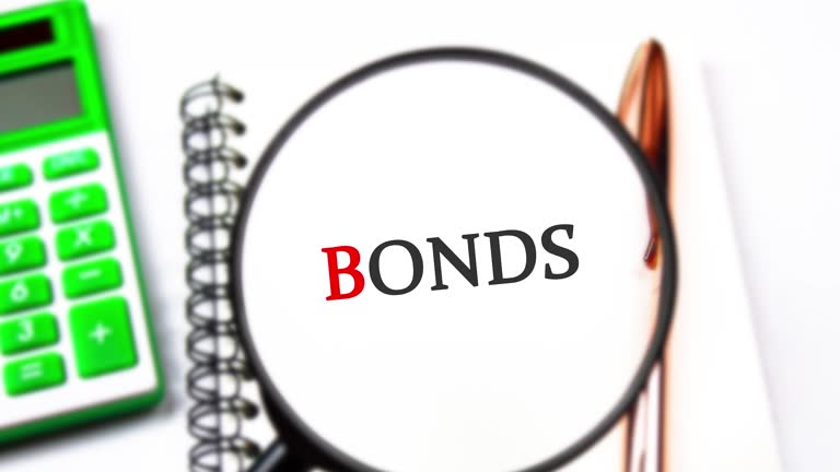 BOND text,word through a magnifying glass with a calculator. Bonds financial,business concept,animation.