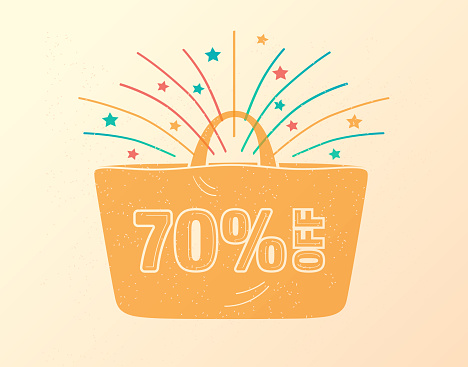 70% off yellow bag with fireworks coming out. Discount offer. Sale concept. Retro style. Vector illustration.