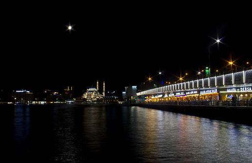 Magnificent galata bridge in istanbul at night, Lights in istanbul, Old city, City silhouette with mosques. İstanbul Mosques, İstanbul view