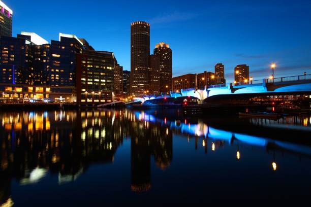 istock Twilight cityscape with water reflections 2150470356