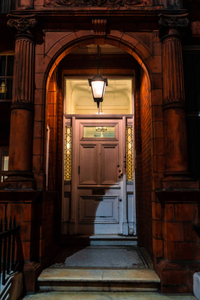A distinctive purple door, a classic example of Dublin's famous Georgian architecture, is surrounded by lush green plants and flowers. The ornate fanlight and classic columns are a testament to the city's unique style.