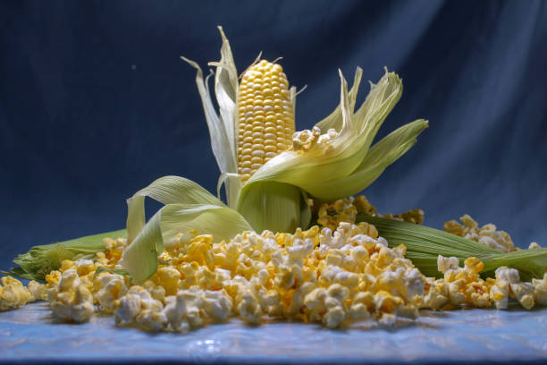 Close up of a heap of golden yellow freshly prepared popcorn with a serving scoop. In the background, bags of popcorn in chocolate and tropical fruit flavors. The popcorn was prepared by a popcorn maker at a stall at a fair.