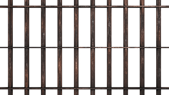 Old rusty metal prison bars. Isolated iron cage background. 3D rendering