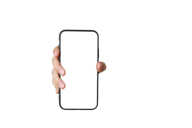 Hand holding a smartphone isolated on white background. Transparent mobile screen mockup.