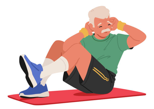 Elderly Man Character Is Happily Sitting On A Yoga Mat, Doing Arm Exercises And Stretching His Knee, Vector Illustration Elderly Man Character Is Happily Sitting On A Yoga Mat, Doing Arm Exercises And Stretching His Knee, Weathered Face Serene, Eyes Closed In Peaceful Concentration. Cartoon People Vector Illustration old man smiling stock illustrations