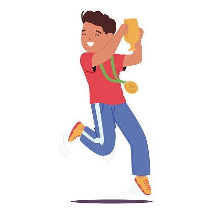 Jubilant Young Athlete Boy, Clad In Sportswear, Leaps Triumphantly While Clutching Gleaming Gold Trophy, Radiating Pure Joy And Victory. Happy Kid Winner Sportsman. Cartoon People Vector Illustration
