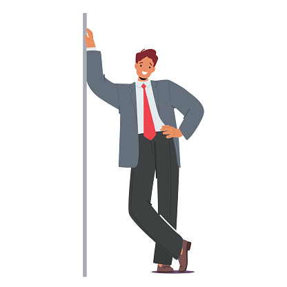 Suited Businessman Leans Against The Wall, His Posture Relaxed, Exuding Confidence, Professionalism And Poised Demeanor. Whitecollar Worker Character in Shirt And Blazer. Cartoon Vector Illustration