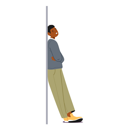 Casually Dressed Man Leans Against A Wall, His Posture Relaxed, Faint Smile Playing On His Lips. Black Male Character In A Blazer And Pants Showing Relaxation Pose. Cartoon People Vector Illustration